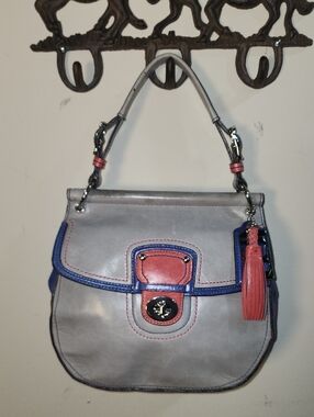 Coach Legacy Willis Colorblock Gray Leather Shoulder Bag Coral Navy Accents